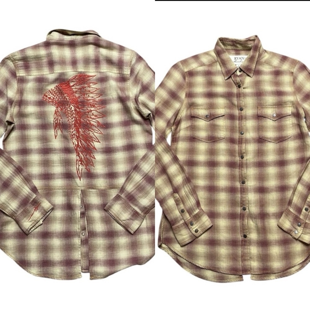 RYAN MICHAEL Western Button Down Headdress Embroidered Plaid Shirt Size Small